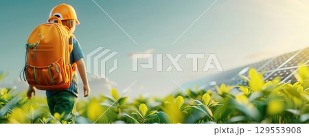 Child walking in field with backpack, sunny day, green plants 129553908