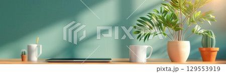Playful home workspace with a cartoon-style plant on the desk, vibrant colors, soft textures, cozy atmosphere 129553919