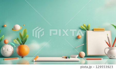 Blank canvas mockup on a green background with stationery and 3D objects. Perfect for design presentations. 129553923