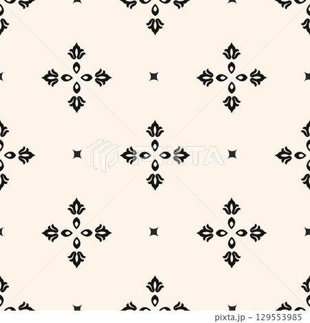 Vector black and white floral seamless pattern. Abstract minimal geometric ornament with flowers in oriental style. Simple monochrome background. 129553985