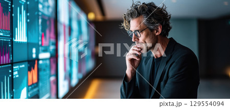 business professional analyzes data on digital screen while developing strategic plan for future growth and success 129554094
