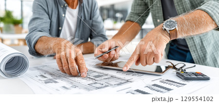 Two professionals discussing business plan while reviewing architectural blueprints and using tablet for collaboration Two professionals discussing business plan while reviewing architectural blueprints and using tablet for collaboration 129554102