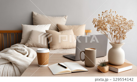 cozy bedroom setup featuring laptop, coffee, and notebook, perfect for planning business ideas cozy bedroom setup featuring laptop, coffee, and notebook, perfect for planning business ideas 129554142
