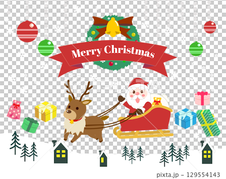 Santa and his reindeer deliver presents on Christmas Eve 129554143