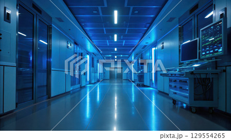 modern hospital corridor with blue lighting creates serene atmosphere, emphasizing health and insurance concepts 129554265
