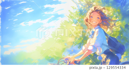 自転車通学中の女の子 129554334