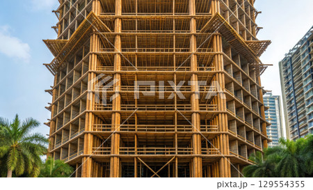 stunning construction in industry showcases innovative bamboo scaffolding, highlighting sustainable building practices 129554355