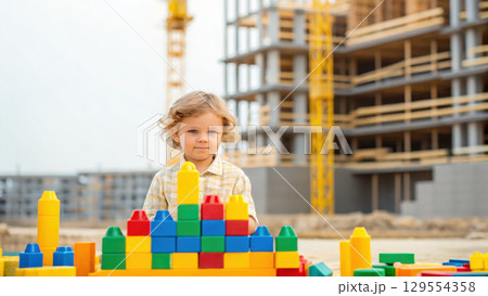 Building creativity in construction industry, child plays with colorful blocks at construction site Building creativity in construction industry, child plays with colorful blocks at construction site 129554358