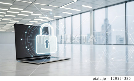 laptop displaying digital lock symbol represents cybersecurity service in modern office environment 129554380