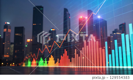 vibrant city skyline at night showcases dynamic business environment with rising graphs symbolizing growth and success 129554383