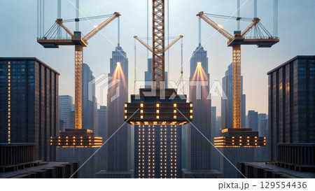 construction industry showcases impressive cranes lifting materials against stunning skyline, highlighting urban development 129554436