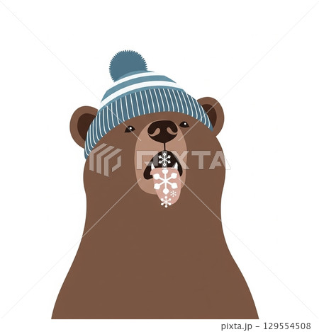Playful bear catches snowflakes in cozy winter hat 129554508