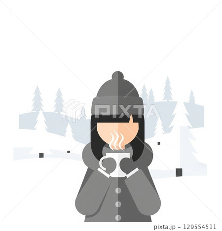 Cozy winter scene: woman sipping hot beverage in snowy landscape 129554511