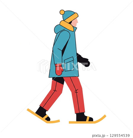 Person walking in winter clothes with snowshoes illustration Person walking in winter clothes with snowshoes illustration 129554539