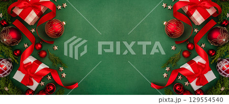 Festive Christmas Flat Lay with Red and White Gifts 129554540