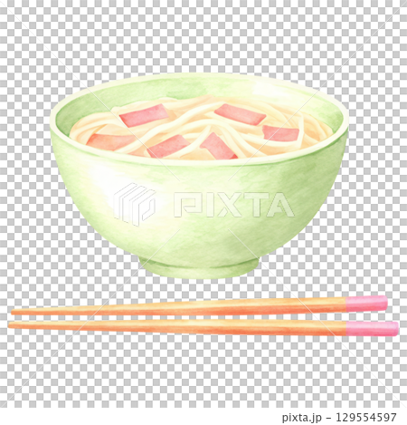 Delicious food in green bowl with noodles and toppings clipart isolated on transparency background 129554597
