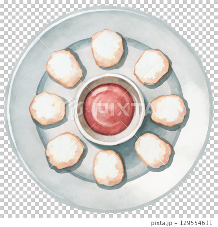 Delicious food arranged beautifully on plate with dip in center clipart isolated on transparency background 129554611