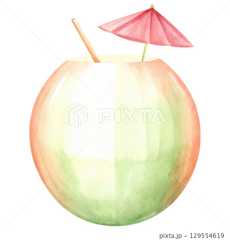 Refreshing drink in round glass with small umbrella clipart isolated on transparency background 129554619