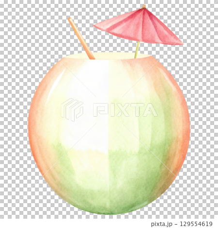Refreshing drink in round glass with small umbrella clipart isolated on transparency background 129554619