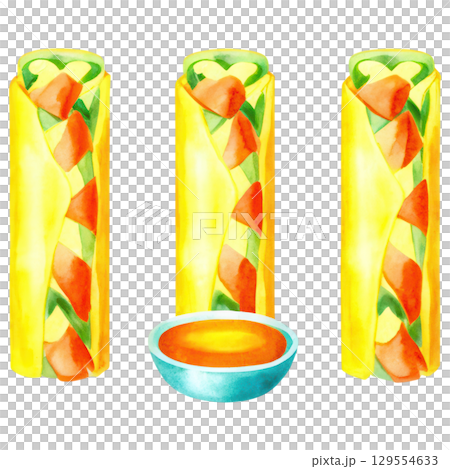 Delicious food wraps with fresh vegetables and tasty dipping sauce clipart isolated on transparency background 129554633