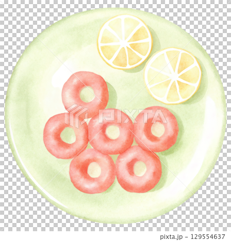Delicious food on plate with pink donuts and fresh lemon slices clipart isolated on transparency background 129554637