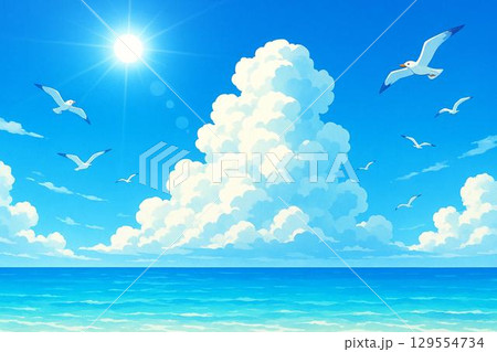 海　入道雲　カモメ 129554734