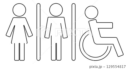 Restroom symbols: female, male, and accessible icons in black and white design Restroom symbols: female, male, and accessible icons in black and white design 129554817
