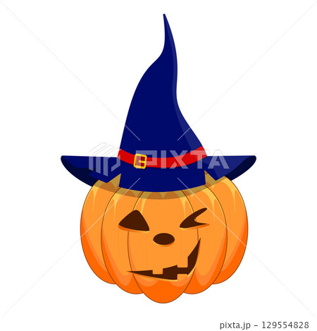 Smiling carved pumpkin with witch hat on white background Smiling carved pumpkin with witch hat on white background 129554828