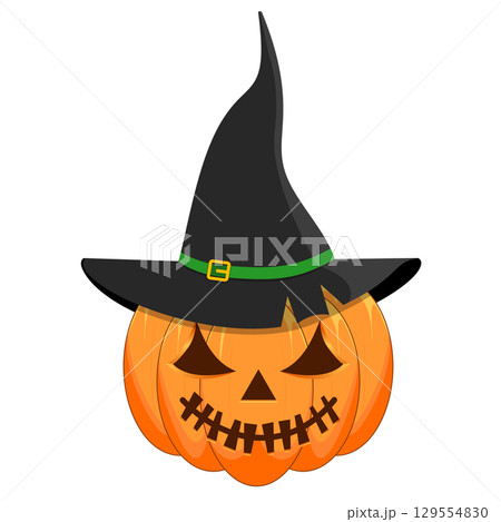 Halloween pumpkin with witch hat and carved face on white background Halloween pumpkin with witch hat and carved face on white background 129554830