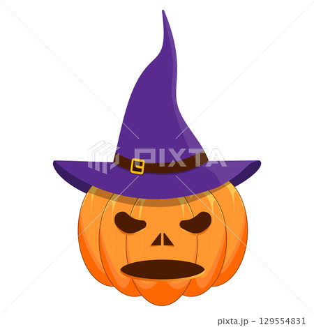 Halloween pumpkin with purple witch hat illustration 129554831