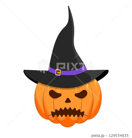 Halloween pumpkin with witch hat and scary face illustration 129554835