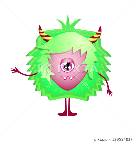 Colorful one-eyed cartoon monster with green spiky hair and red horns on white background 129554837