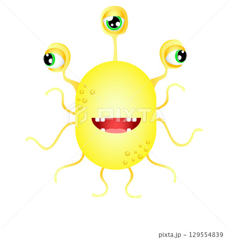 Cute three-eyed cartoon monster with tentacles and big smile 129554839
