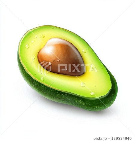 Fresh half avocado with seed and green rind on white background 129554940