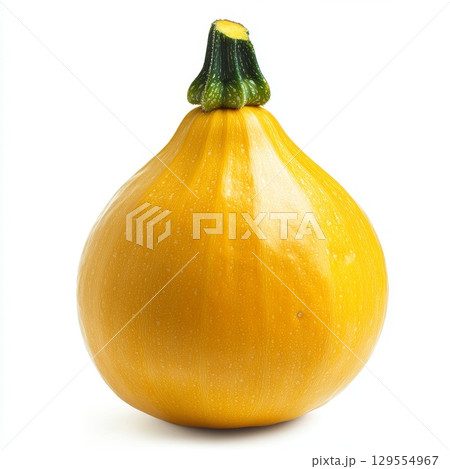 Bright yellow squash on white background with green stem Bright yellow squash on white background with green stem 129554967