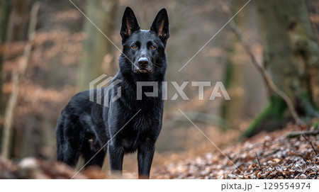 草原に立つ黒い犬の凛々しい姿 129554974