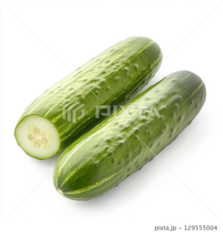 Fresh whole and sliced cucumber on white background 129555004