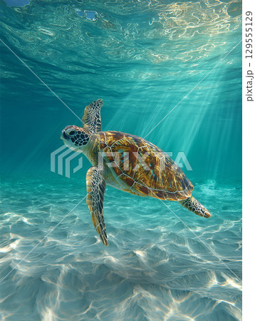 美しい水中を優雅に泳ぐ亀 129555129