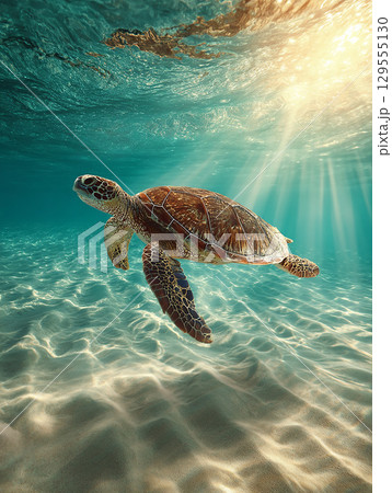 光が差し込む海を泳ぐウミガメ 129555130