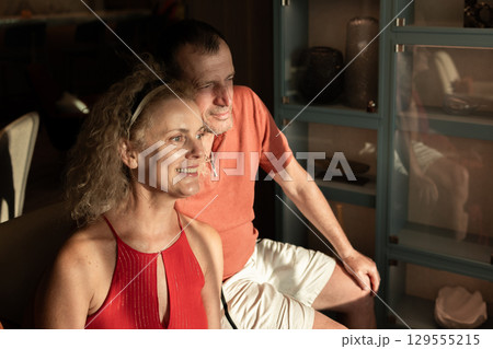 Couple in love on cruise ship. Man and woman in love enjoying their romantic vacation. High quality photo 129555215