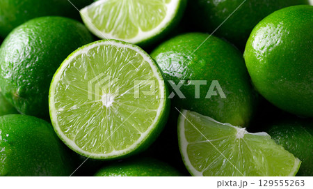カットされたライムの鮮やかさ カットされたライムの鮮やかさ 129555263