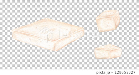 Tofu cubes watercolor illustration set on isolated background. White mold cheese, brie or camembert clip art. Asian food,,Mediterranean cuisine. For vegan food packaging, gourmet cookbooks, menu. 129555327