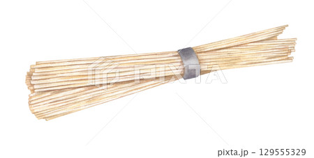 Uncooked ramen noodles bundle tied with paper watercolor illustration on isolated background. Hand painted pile of raw rice pasta for Asian food packaging, restaurant menus, culinary blog. 129555329
