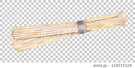 Uncooked ramen noodles bundle tied with paper watercolor illustration on isolated background. Hand painted pile of raw rice pasta for Asian food packaging, restaurant menus, culinary blog. 129555329