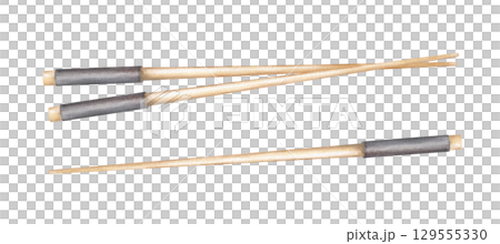 Traditional Asian wooden chopsticks watercolor illustration on isolated background. Top view. Bamboo chopstick with black holder for eating of sushi, ramen, noodle, rice. For restaurant menu, cookbook 129555330