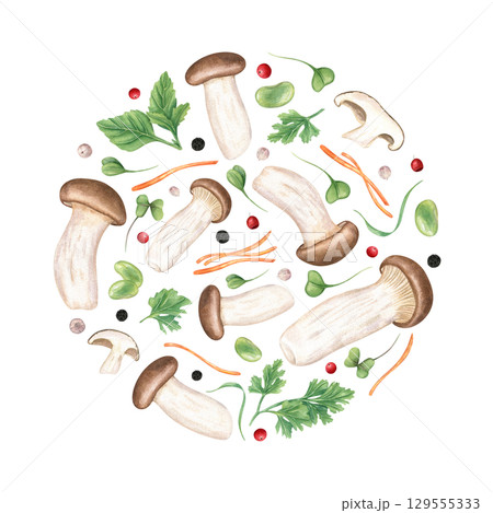 Round watercolor composition of king trumpet mushrooms, carrot and daikon sticks, green beans, peppercorns and oregano leaves on isolated background. for Asian food packaging, cookbook, menu design. 129555333