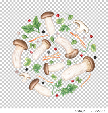 Round watercolor composition of king trumpet mushrooms, carrot and daikon sticks, green beans, peppercorns and oregano leaves on isolated background. for Asian food packaging, cookbook, menu design. 129555333