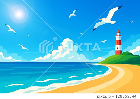 海　空　灯台　波打際　カモメ 129555344
