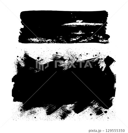 Grunge ink brush strokes elements. Black paint brush, stroke, line, grunge. Dirty textures of banners, boxes, frames and design elements. Black grunge brush stroke ink template collection 129555350