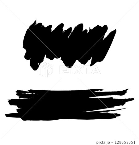 Grunge ink brush strokes elements. Black paint brush, stroke, line, grunge. Dirty textures of banners, boxes, frames and design elements. Black grunge brush stroke ink template collection 129555351